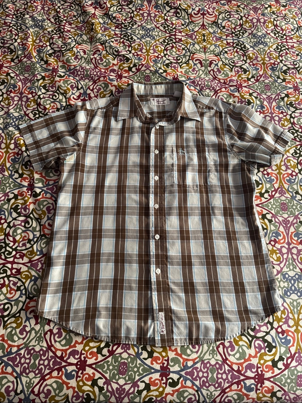 Penguin Brown & Light Blue Plaid Short-Sleeve Button-Down Shirt